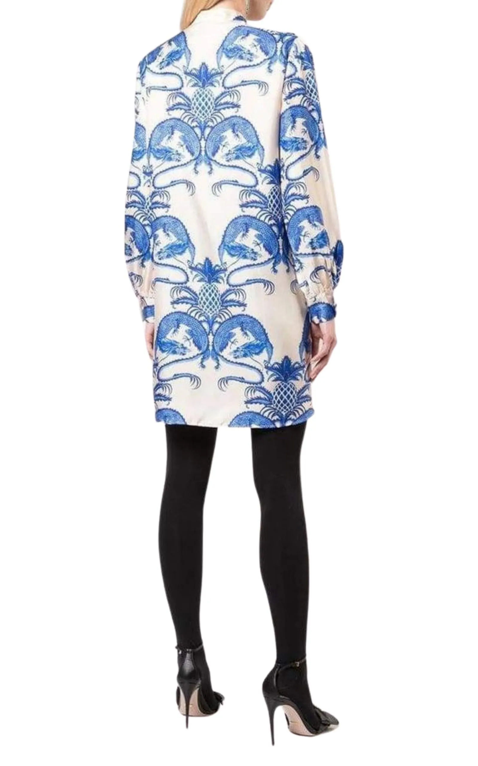Silk Dragon Print Twill Ruffle Neck Dress