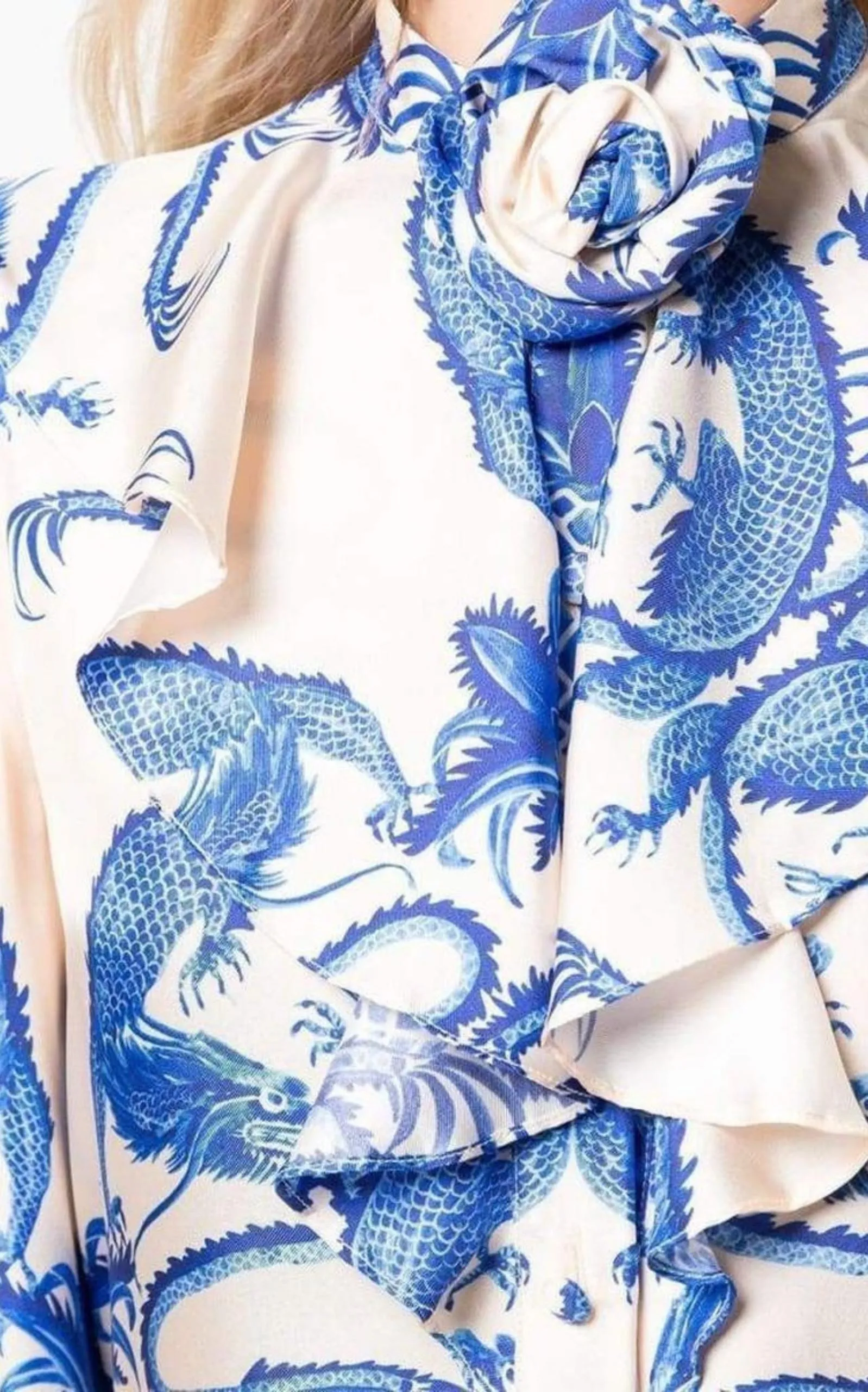 Silk Dragon Print Twill Ruffle Neck Dress