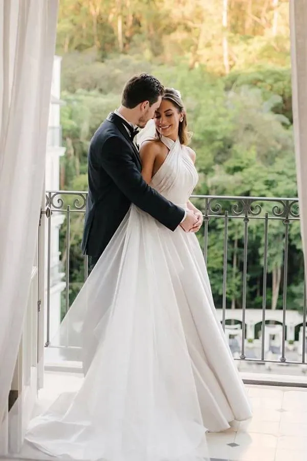 Simple Satin A-line Halter Neck Criss Straps Wedding Dresses, Bridal Gown, MW873