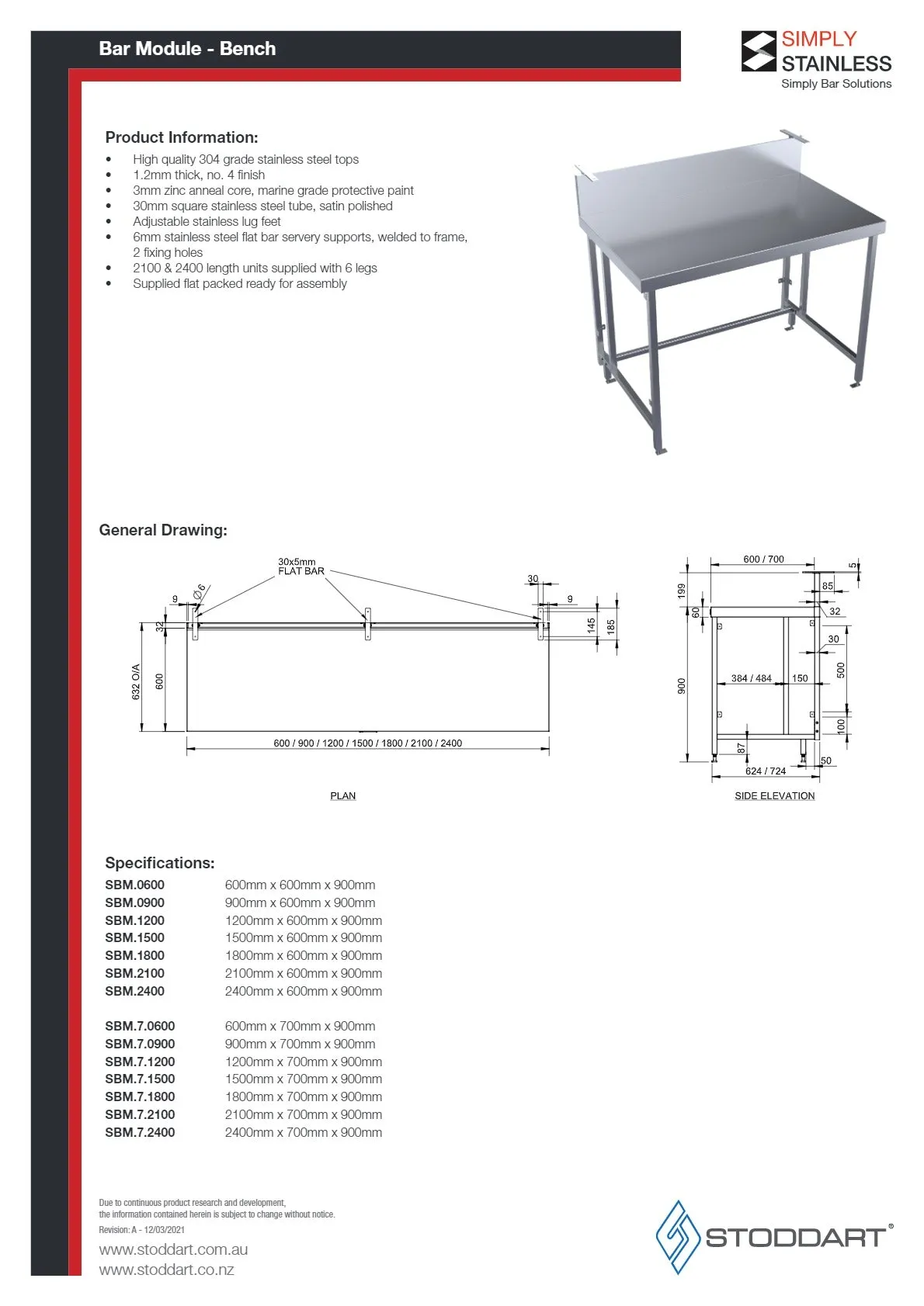 Simply Stainless SBM.0900 - Single Bar Bench Module