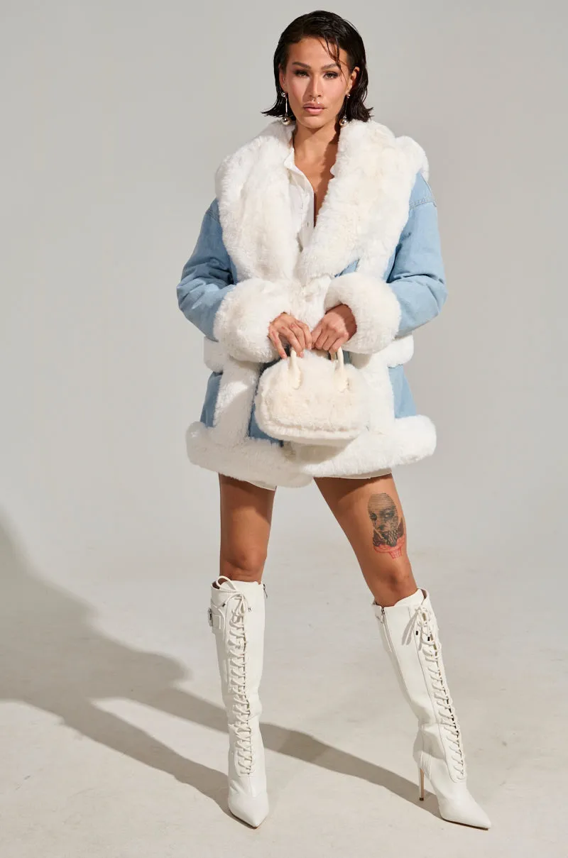 SITTING PRETTY FUR TRIM DENIM COAT