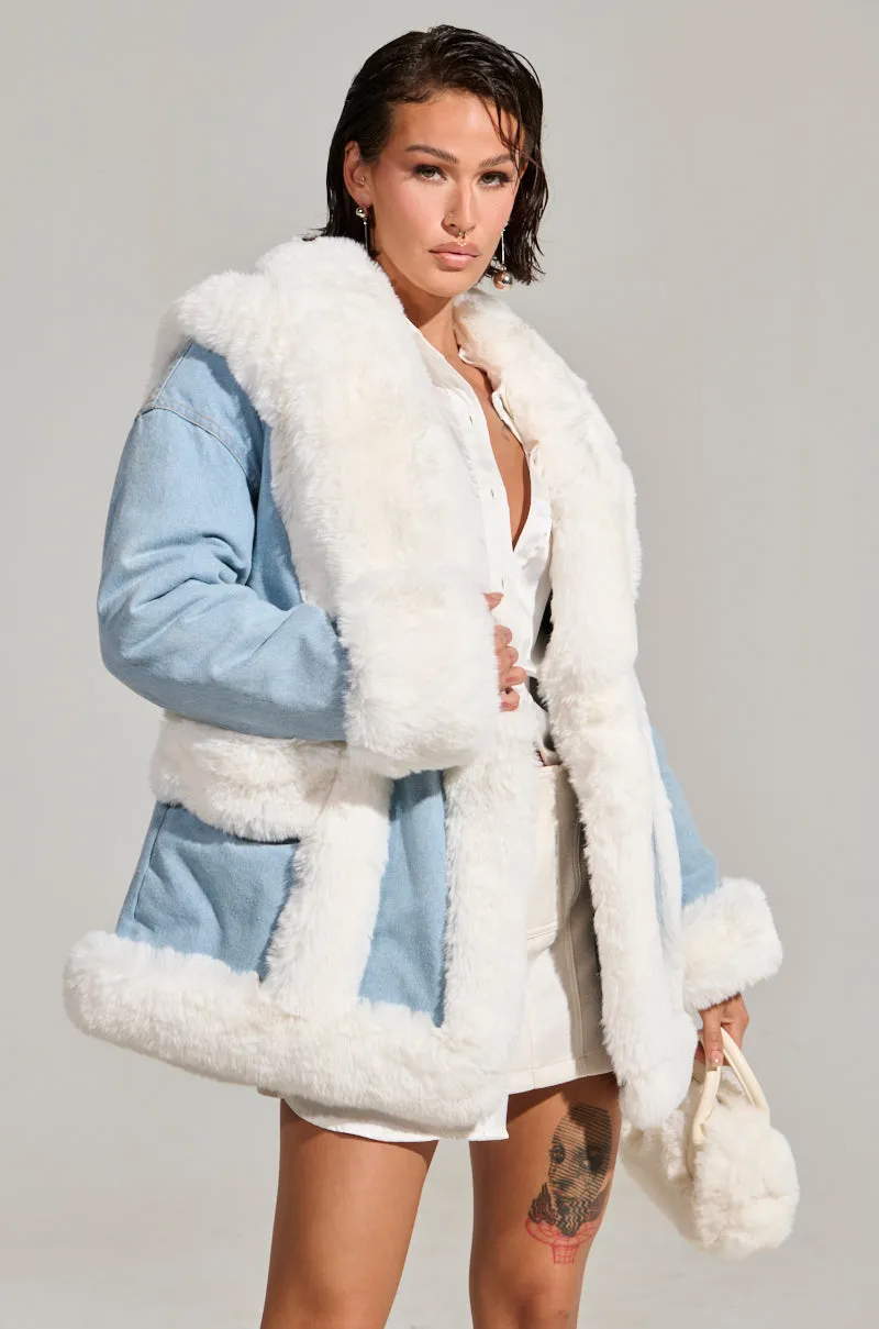 SITTING PRETTY FUR TRIM DENIM COAT