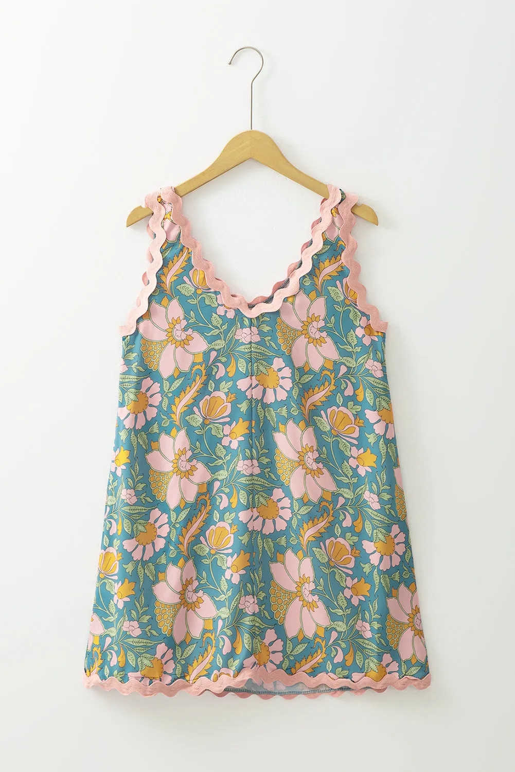 Sky Blue Floral Ricrac Trim V Neck Shift Mini Tank Dress