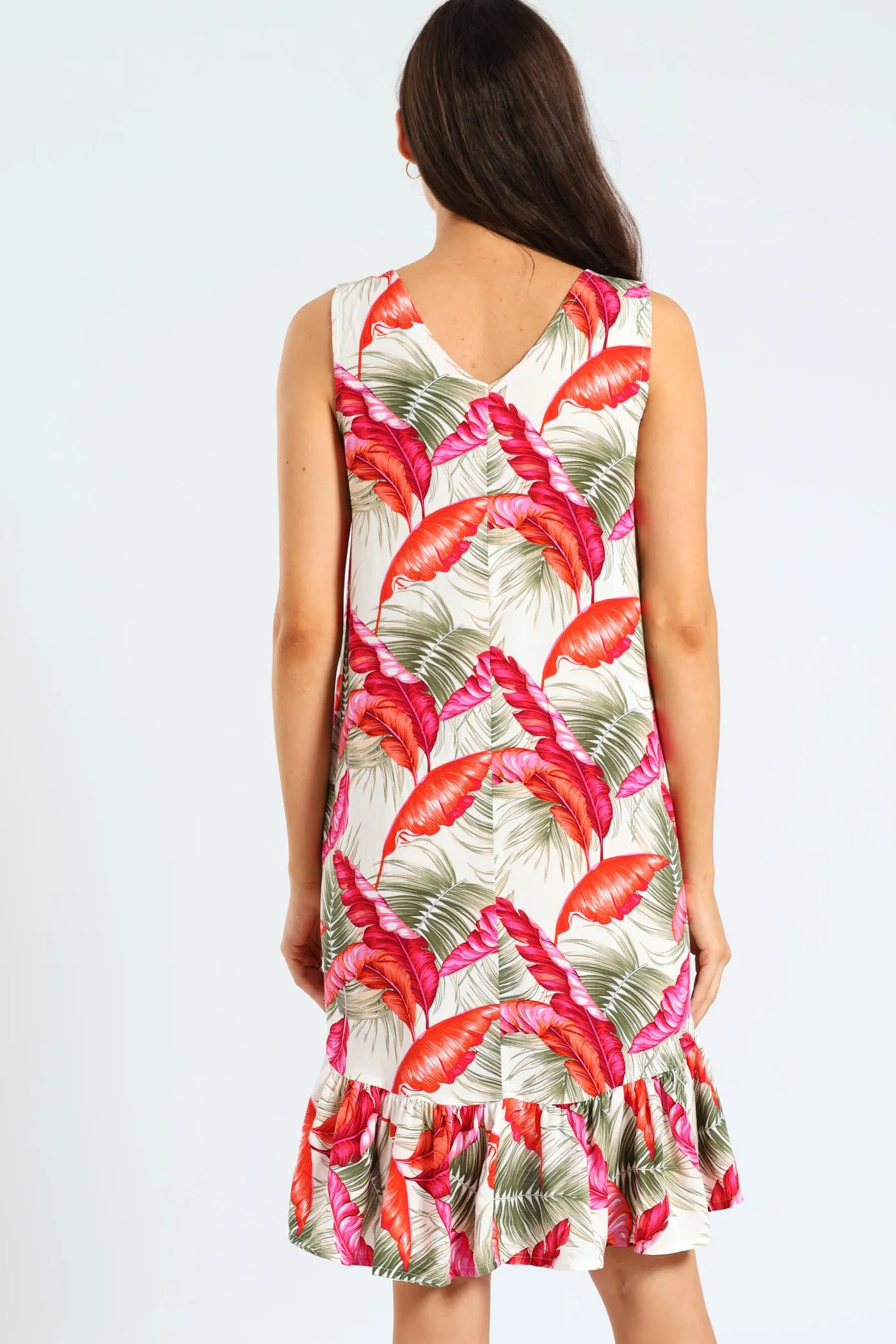 Sleeveless Frill Hem Hi-Lo Printed Shift Dress -  Multi