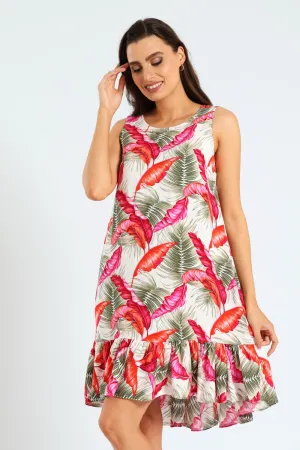 Sleeveless Frill Hem Hi-Lo Printed Shift Dress -  Multi