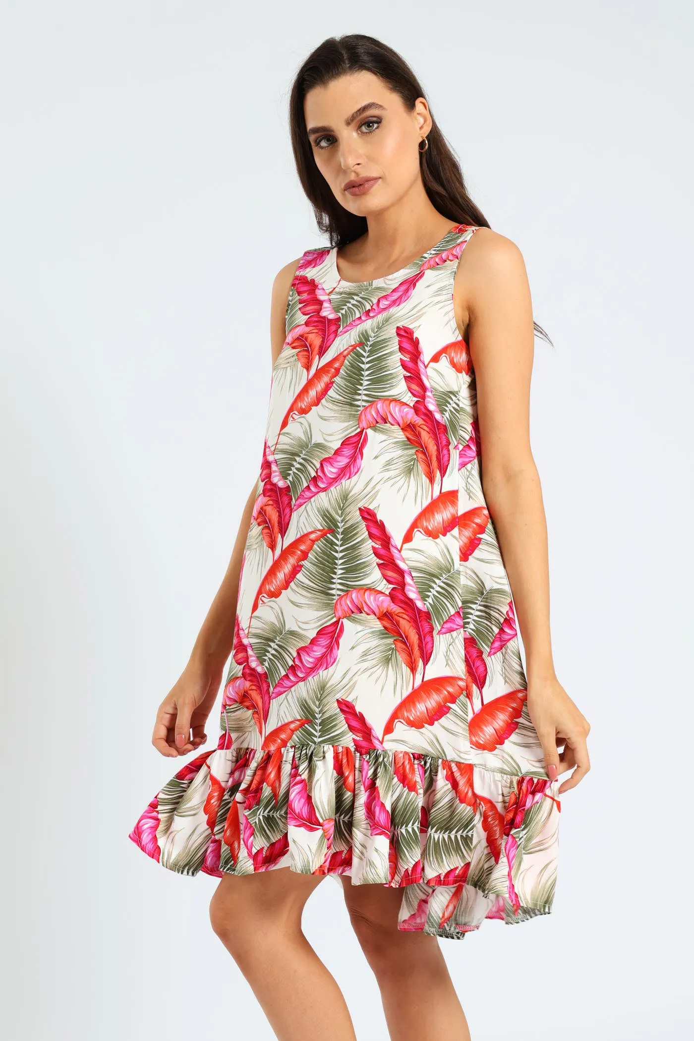 Sleeveless Frill Hem Hi-Lo Printed Shift Dress -  Multi
