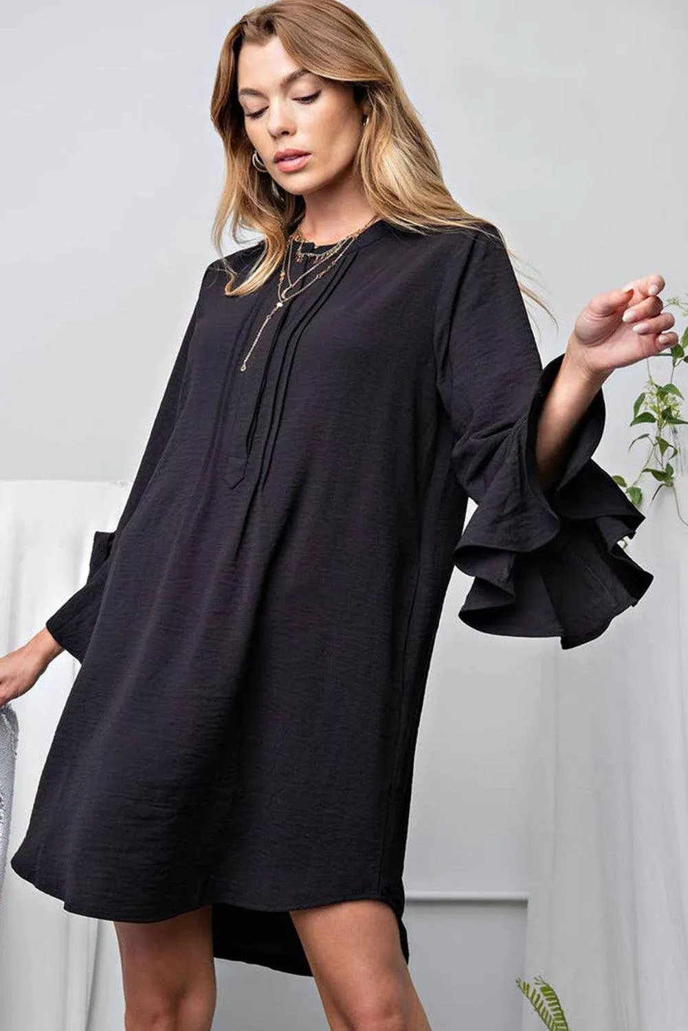 Solid Flounce Sleeve Mini Shift Dress