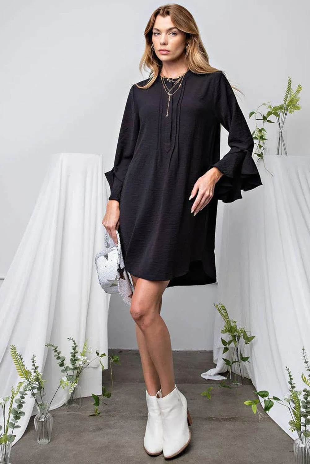 Solid Flounce Sleeve Mini Shift Dress