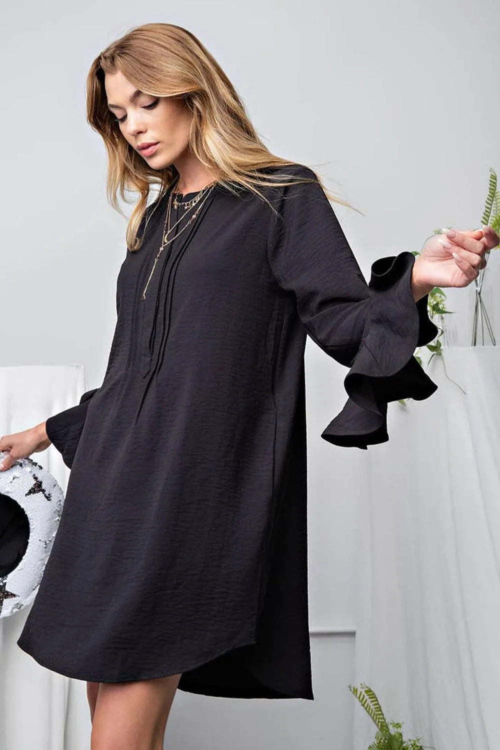Solid Flounce Sleeve Mini Shift Dress