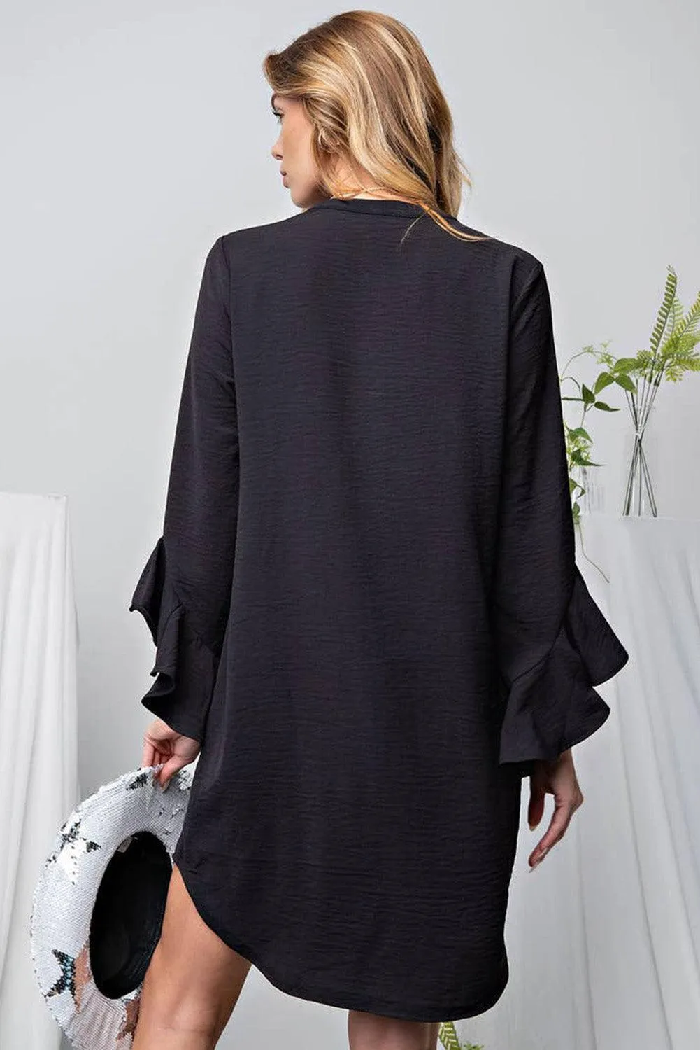 Solid Flounce Sleeve Mini Shift Dress
