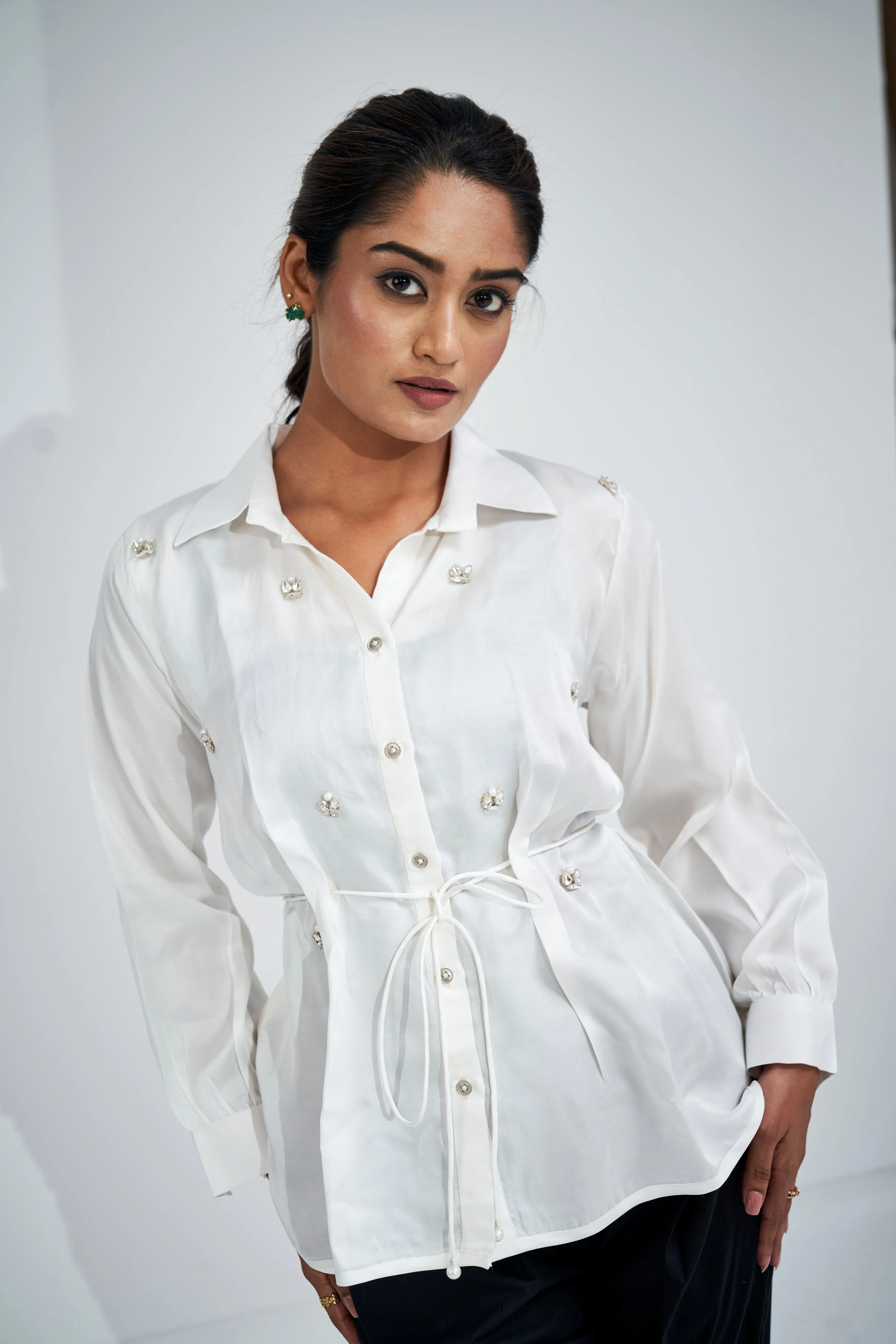 Stoned Bemberg Satin Shirt with Bow