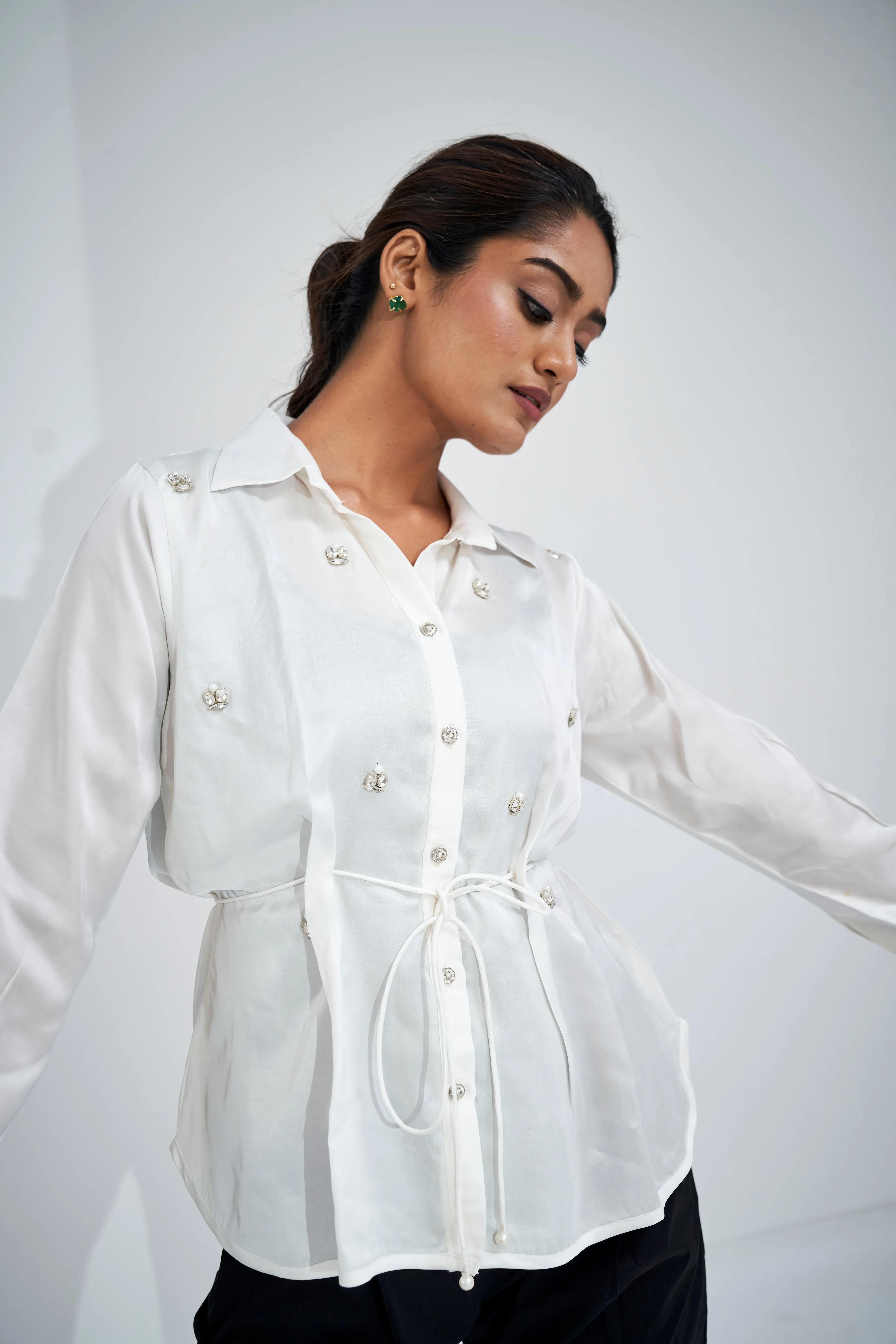 Stoned Bemberg Satin Shirt with Bow