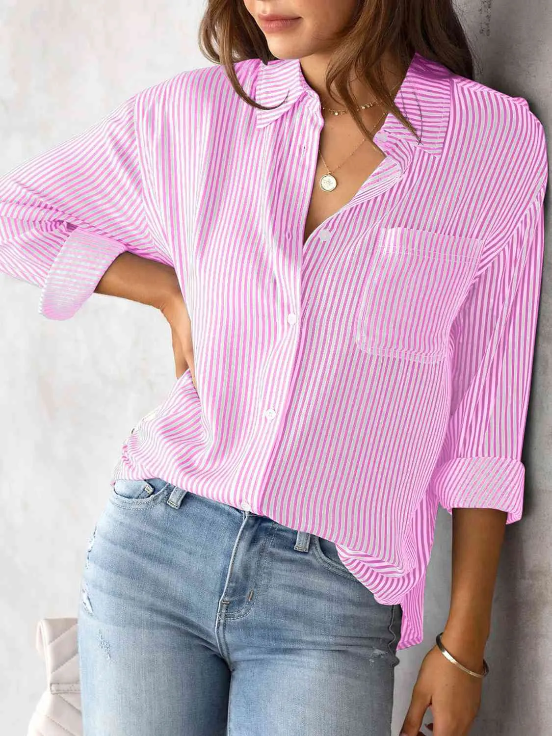 Striped Collared Neck Shirt with Pocket (5 Colors)