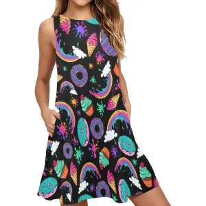 Sugar Rush on Black - Flared Shift Dress with Pockets (XS - 3XL)