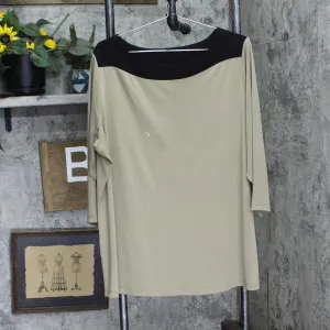 Susan Graver Womens Plus Size Colorblock Knit Blouse Shirt Top Tan / Black 2X