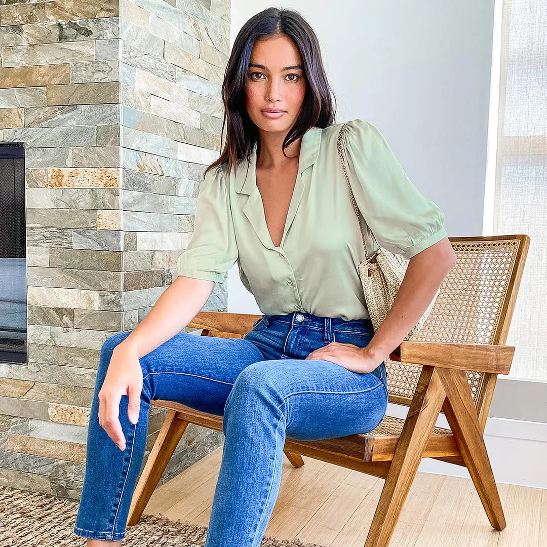 Sweet and Chic Sage Grey Satin Button-Up Short Sleeve Top