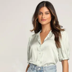 Sweet and Chic Sage Grey Satin Button-Up Short Sleeve Top