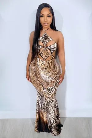 Swirl Leopard Print Halter Cutout Slim Party Maxi Dresses-Brown [Pre Order]