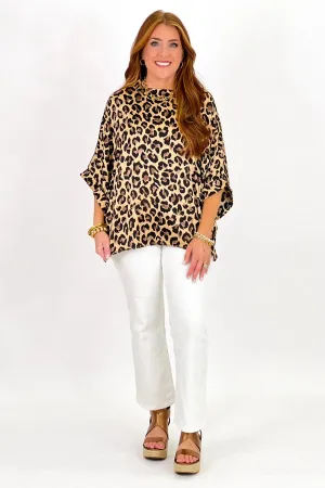 Taupe Animal Print Mock Neck Short Sleeve Top