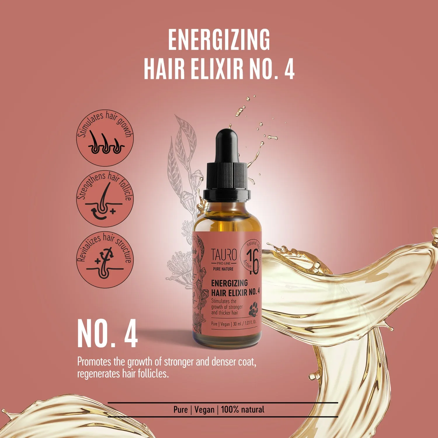 Tauro Pro Line Pure Nature Energizing Hair Elixir No. 4 For Pets Skin And Coat Care To Stimulate Hair Growth