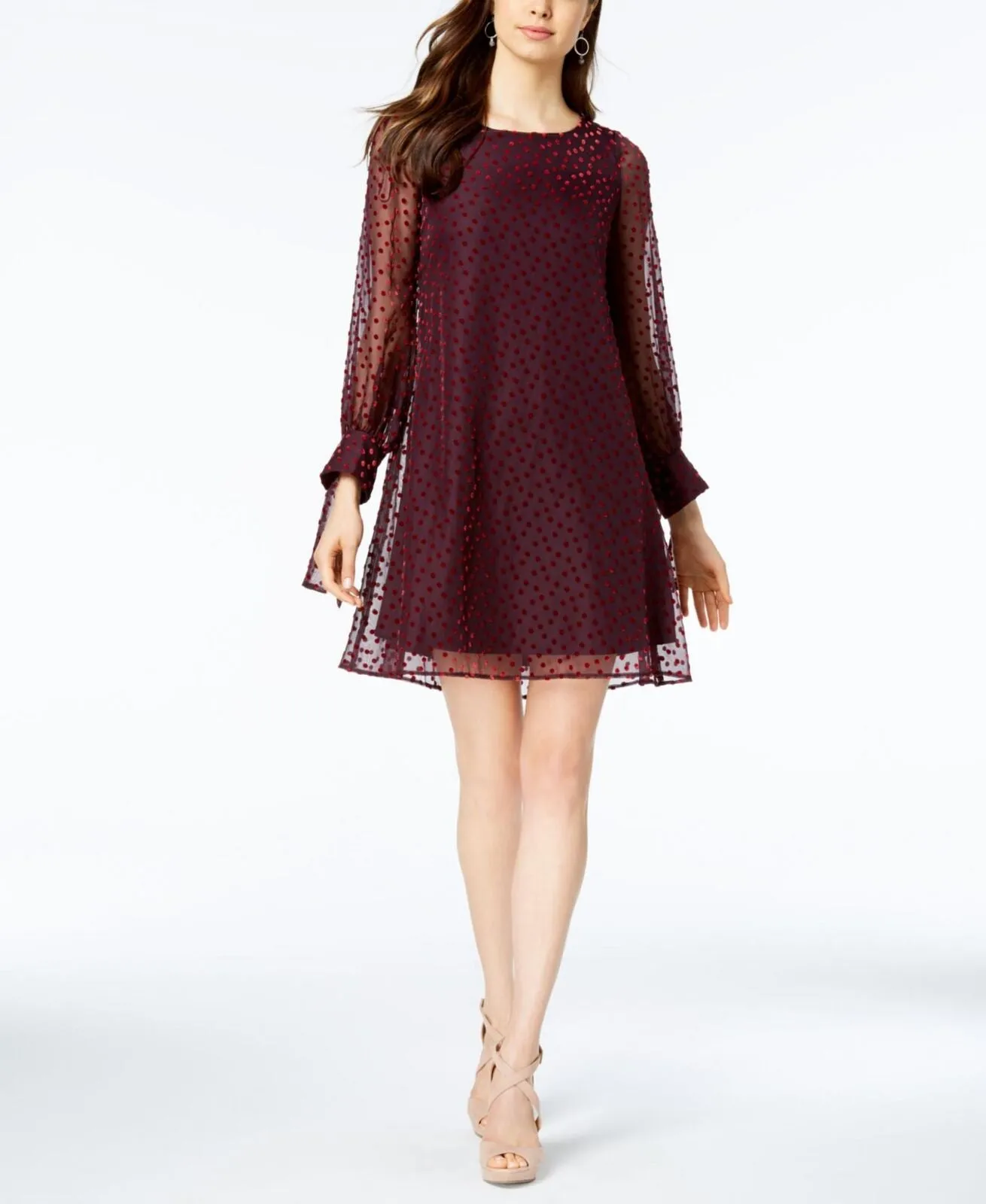 Taylor Womens Velvet-Dot Shift Dress 9915M Wine Red 14