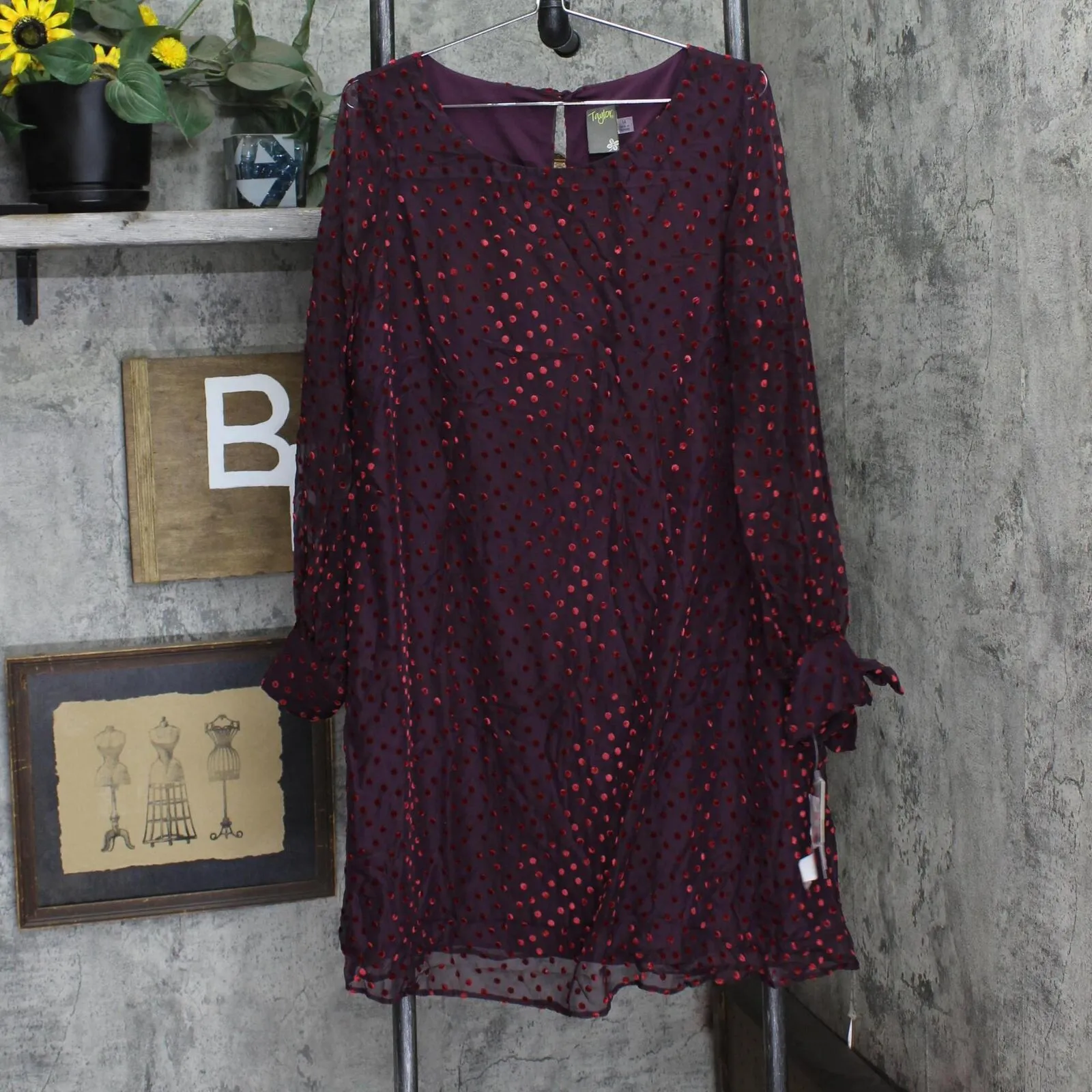 Taylor Womens Velvet-Dot Shift Dress 9915M Wine Red 14