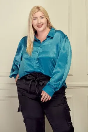Teal Blue Button Front Satin L/S Blouse