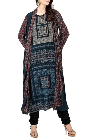 Teal printed jacket kurta