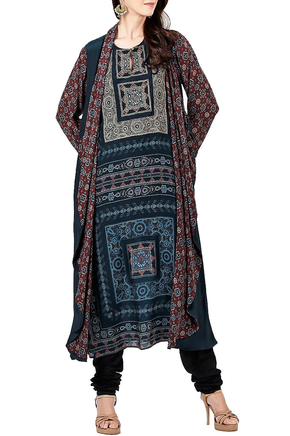 Teal printed jacket kurta