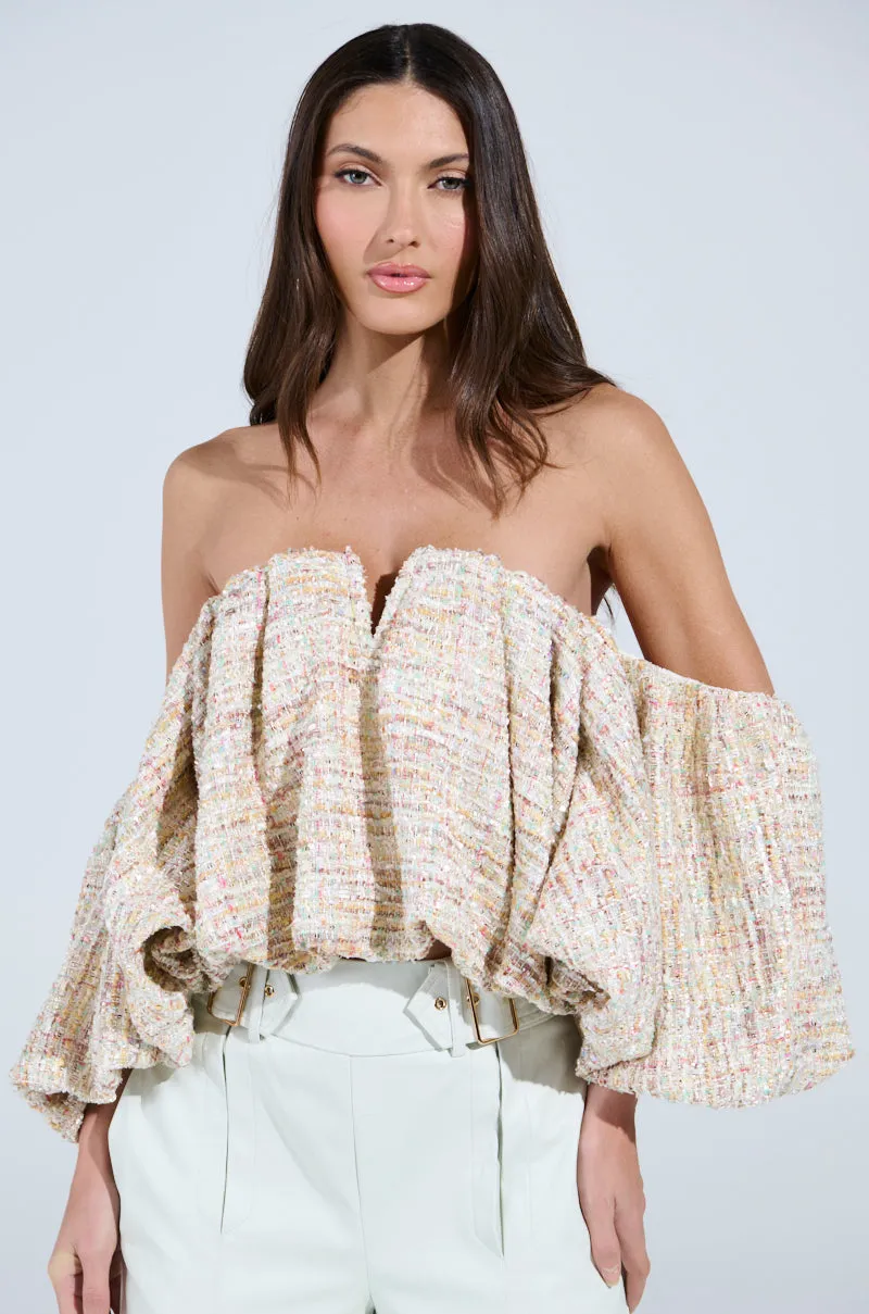 THE PRETTIEST FLOWER TWEED OFF-SHOULDER TOP