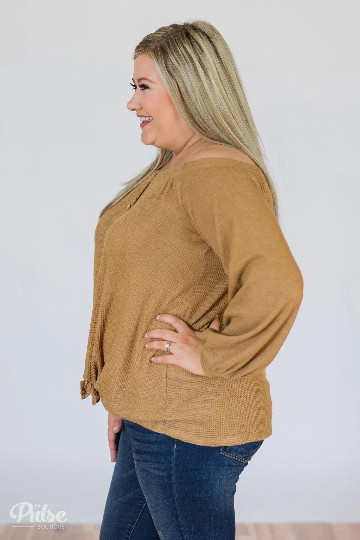 Thermal Off the Shoulder Button Top- Mustard