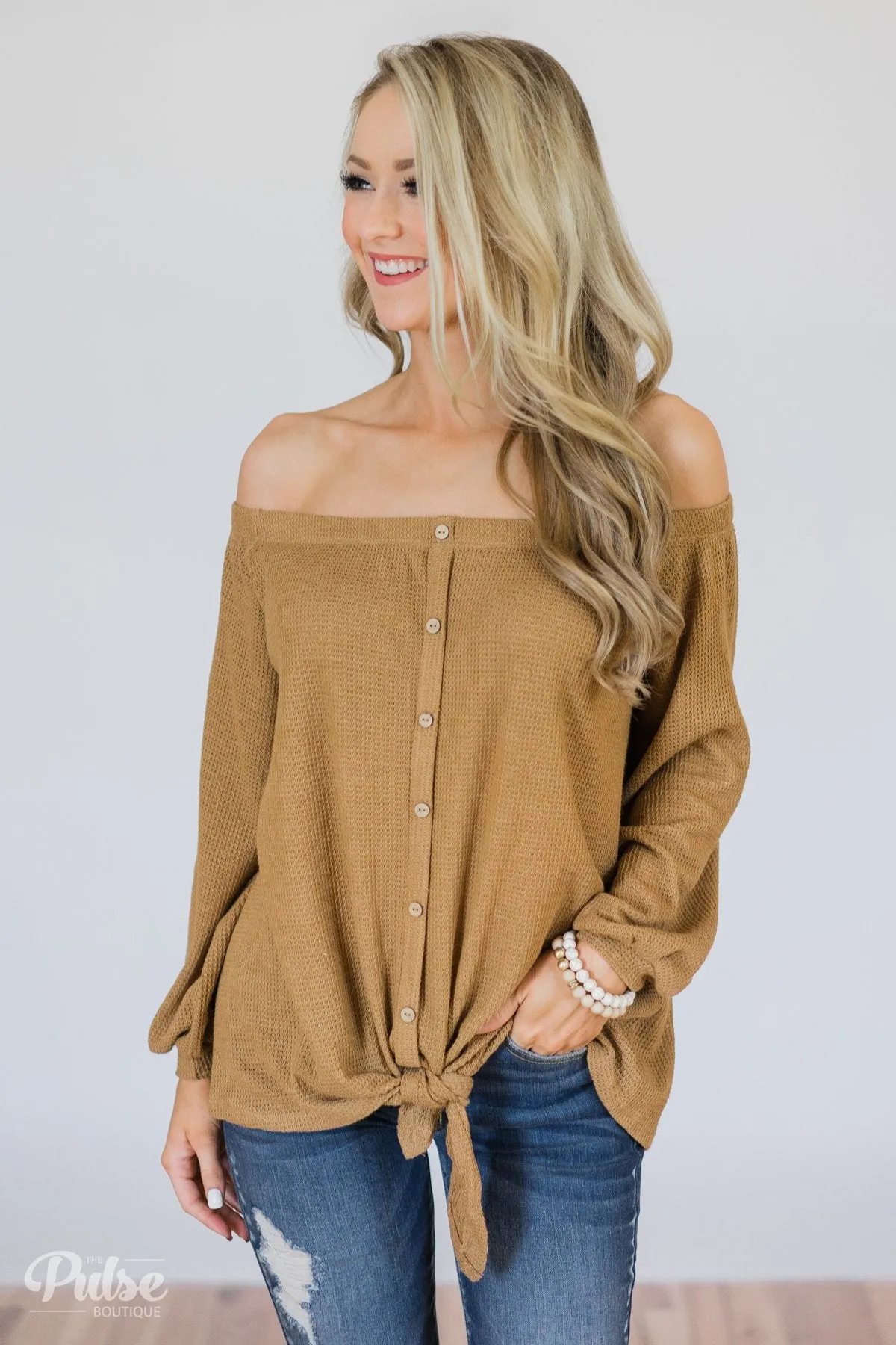 Thermal Off the Shoulder Button Top- Mustard