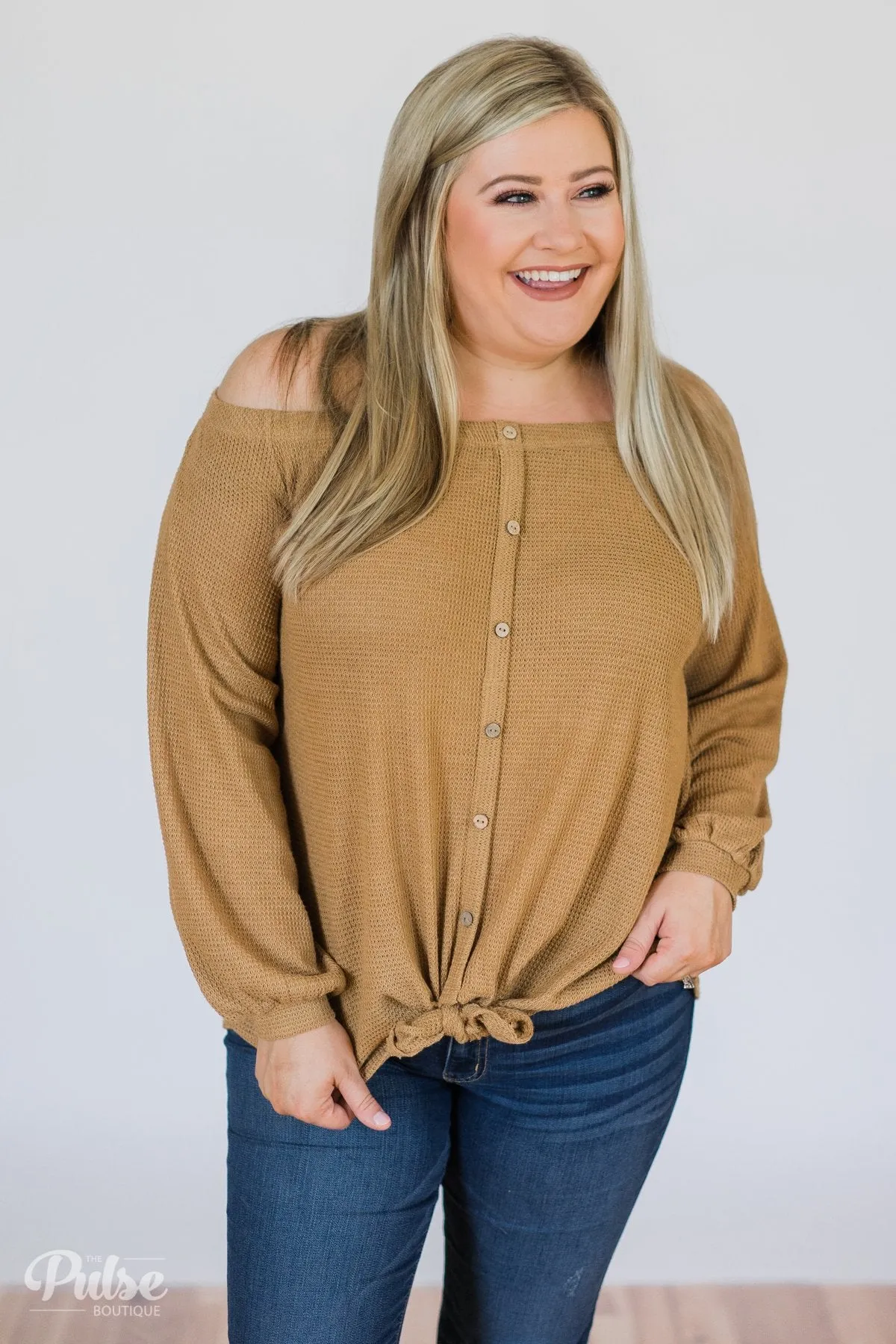 Thermal Off the Shoulder Button Top- Mustard
