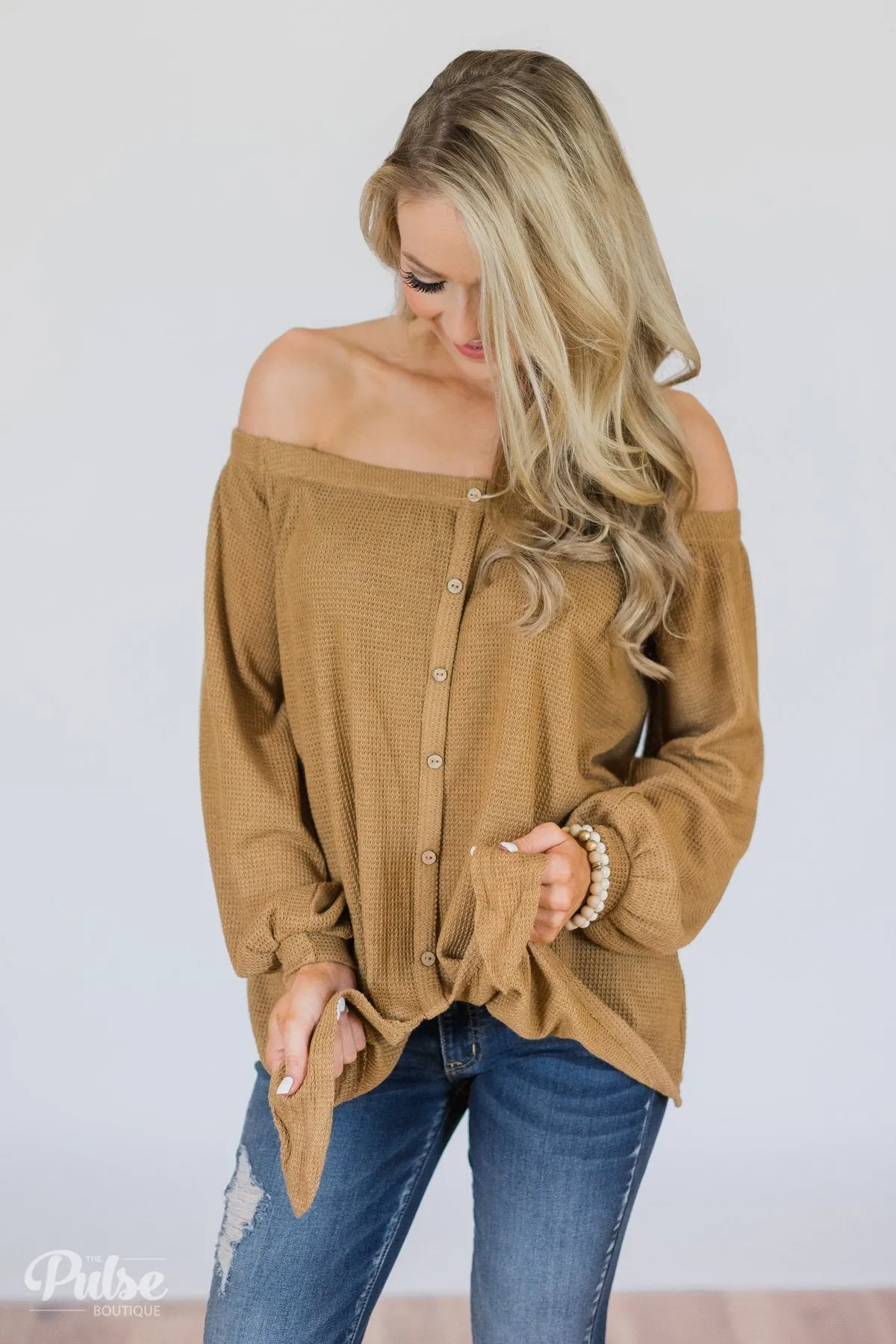 Thermal Off the Shoulder Button Top- Mustard