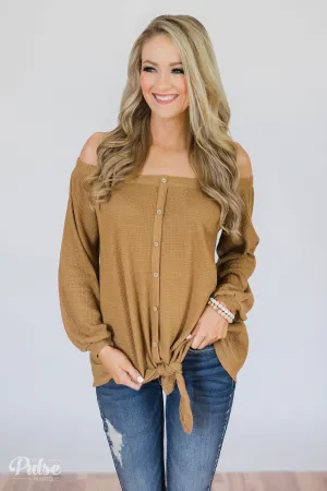 Thermal Off the Shoulder Button Top- Mustard