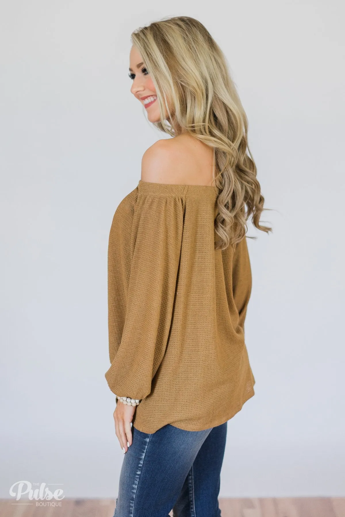 Thermal Off the Shoulder Button Top- Mustard