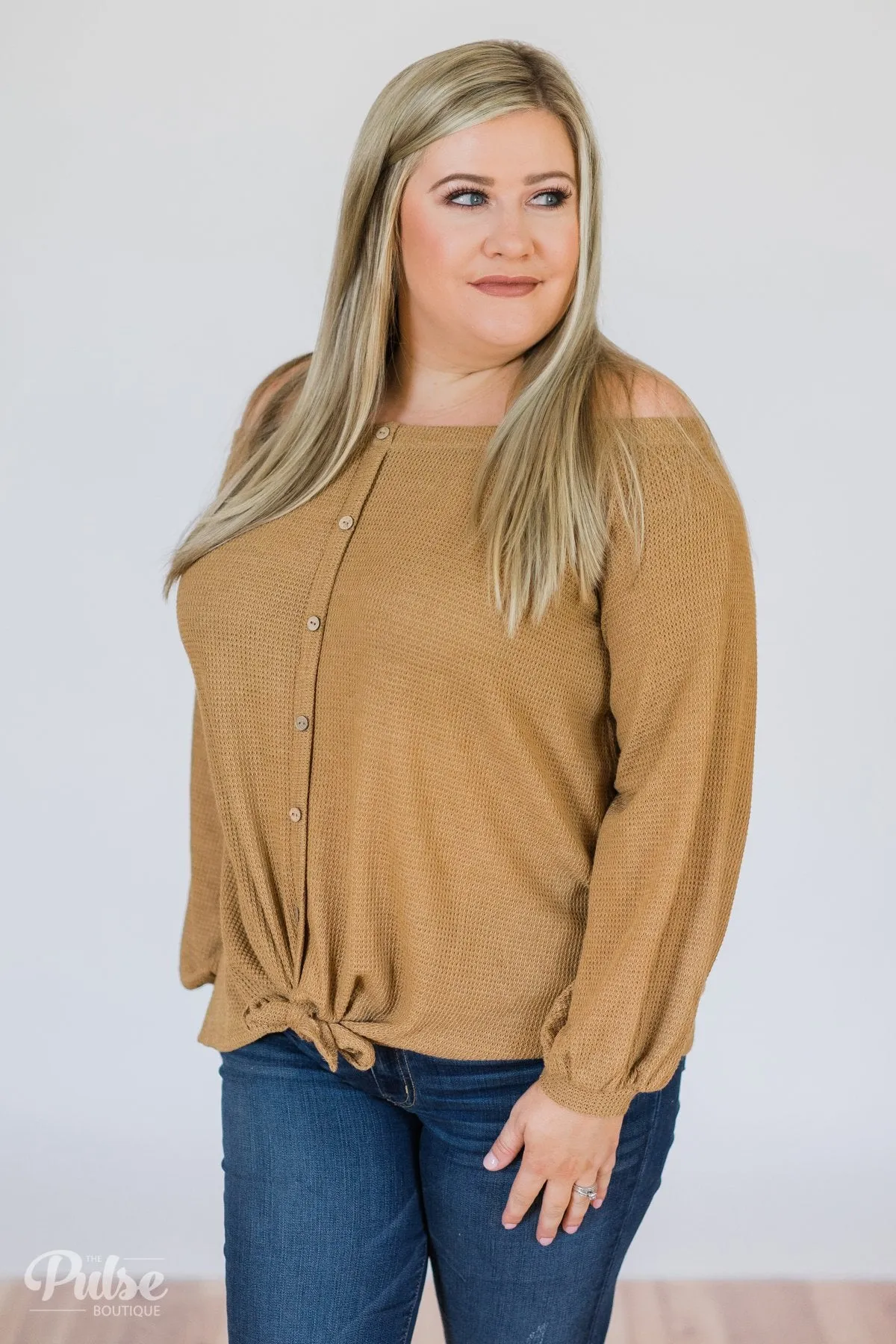 Thermal Off the Shoulder Button Top- Mustard