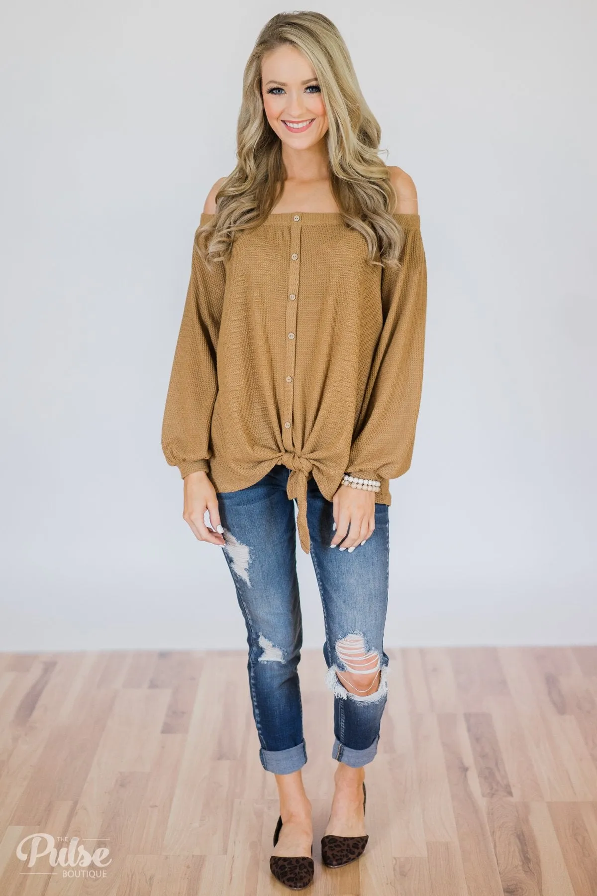 Thermal Off the Shoulder Button Top- Mustard