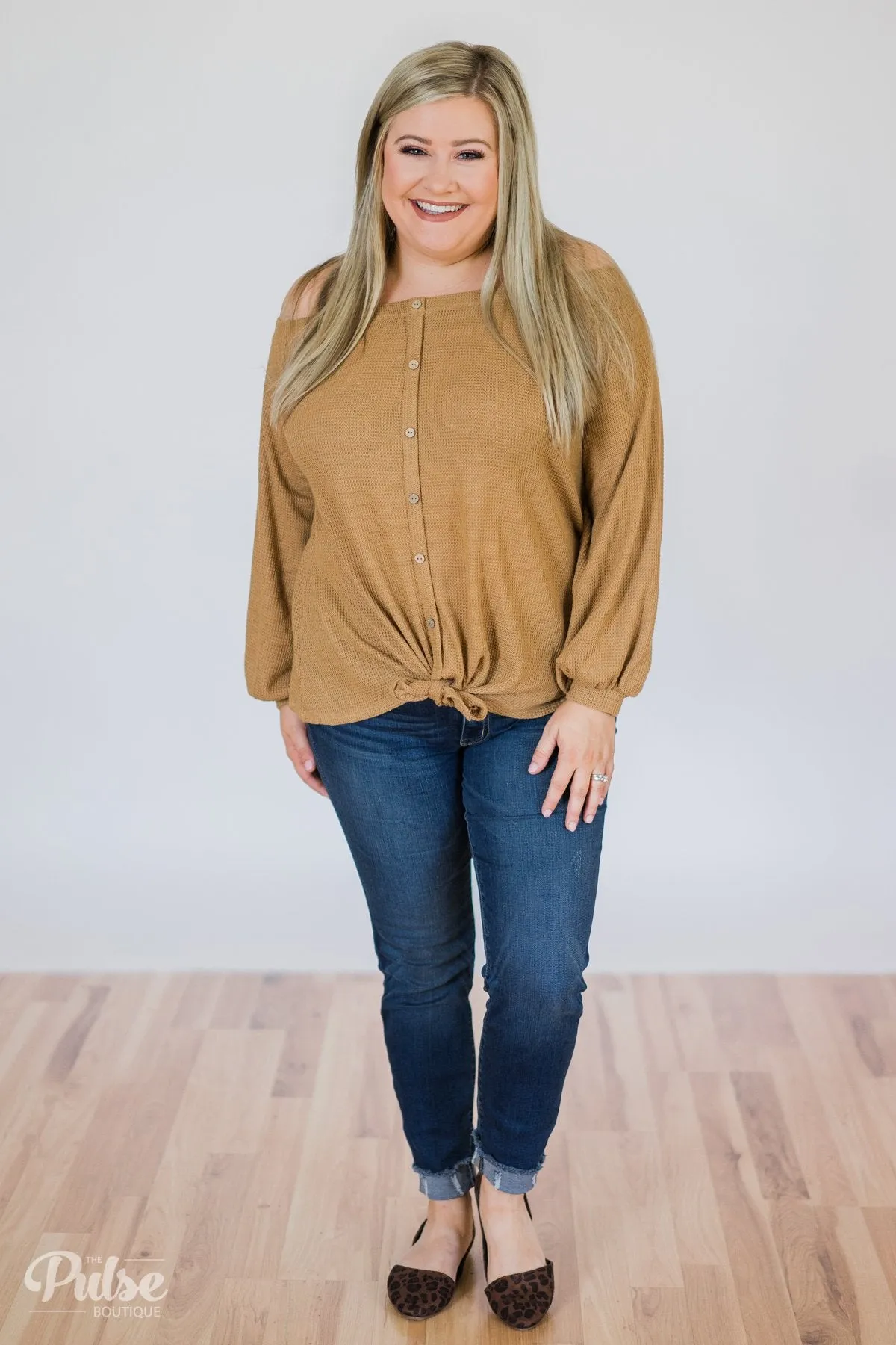 Thermal Off the Shoulder Button Top- Mustard