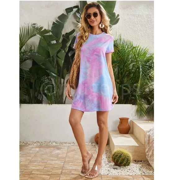 Tie Dye Print Mini Tee Shirt Dress Short Sleeve Pink Blue A-Line