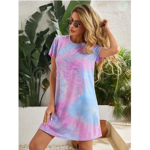 Tie Dye Print Mini Tee Shirt Dress Short Sleeve Pink Blue A-Line