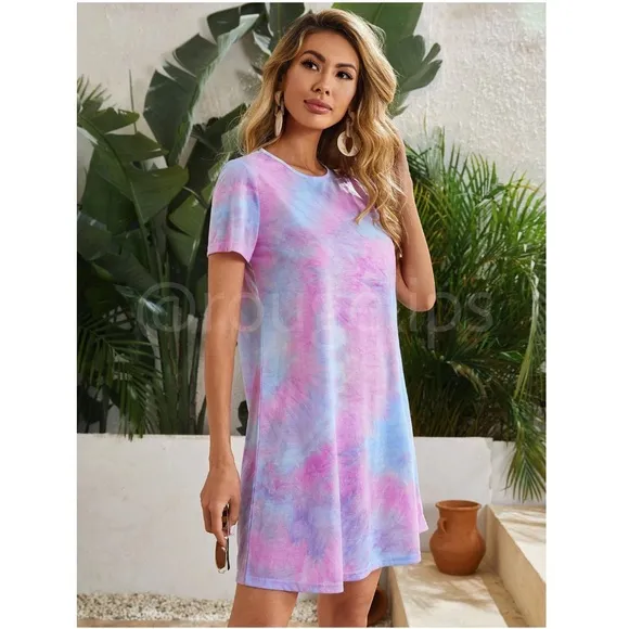 Tie Dye Print Mini Tee Shirt Dress Short Sleeve Pink Blue A-Line