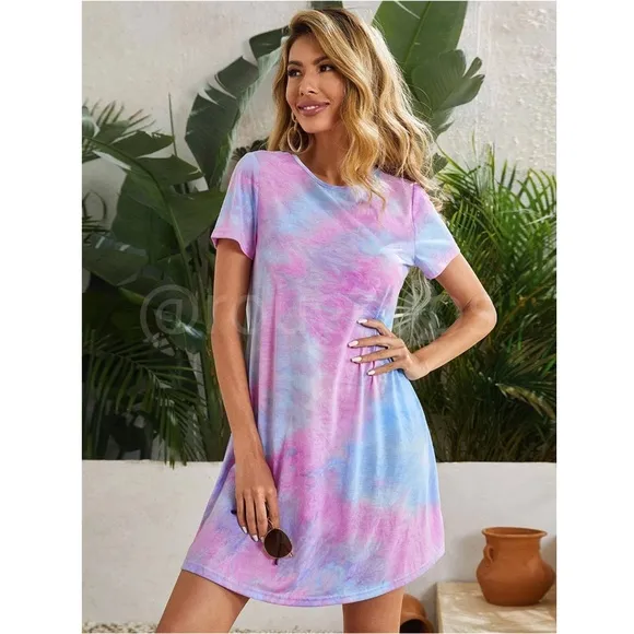 Tie Dye Print Mini Tee Shirt Dress Short Sleeve Pink Blue A-Line