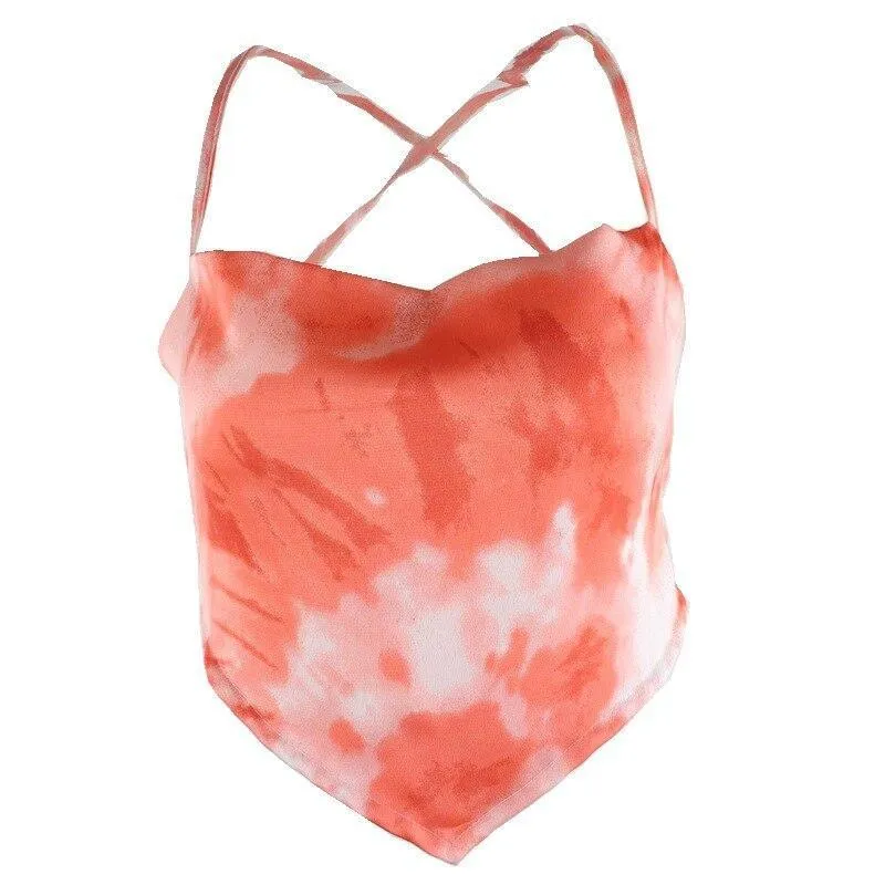 Tie-dyed Backless Lace Up Crop Tops Women Sexy Club Party Orange