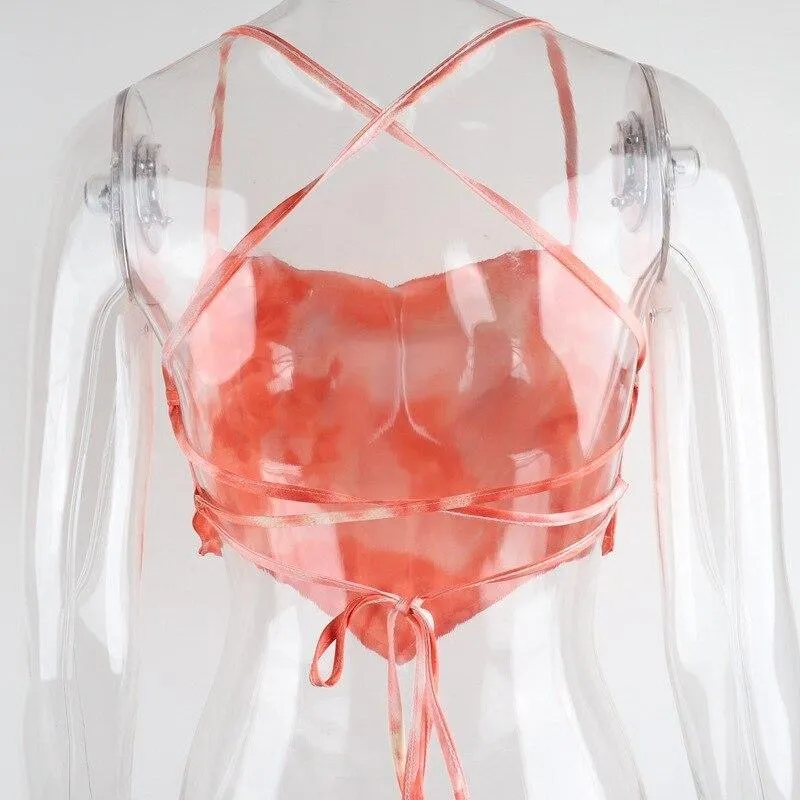 Tie-dyed Backless Lace Up Crop Tops Women Sexy Club Party Orange