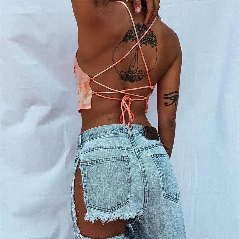 Tie-dyed Backless Lace Up Crop Tops Women Sexy Club Party Orange