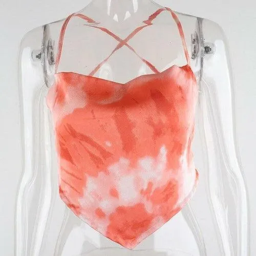 Tie-dyed Backless Lace Up Crop Tops Women Sexy Club Party Orange