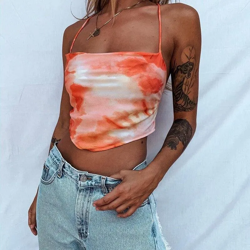 Tie-dyed Backless Lace Up Crop Tops Women Sexy Club Party Orange