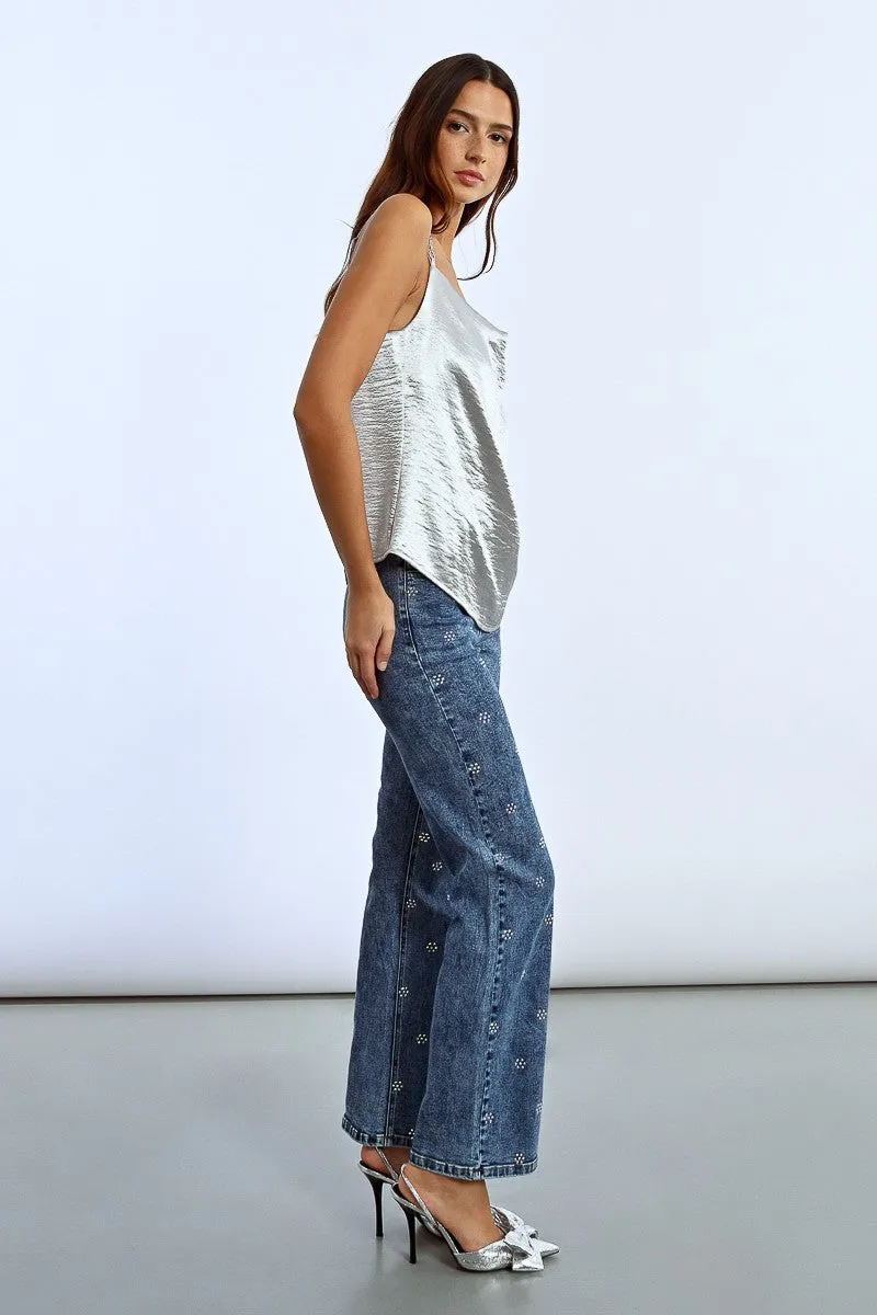 TOP WITH RHINESTONE STRAPS, SATIN EFFECT