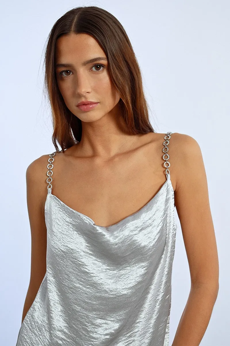 TOP WITH RHINESTONE STRAPS, SATIN EFFECT